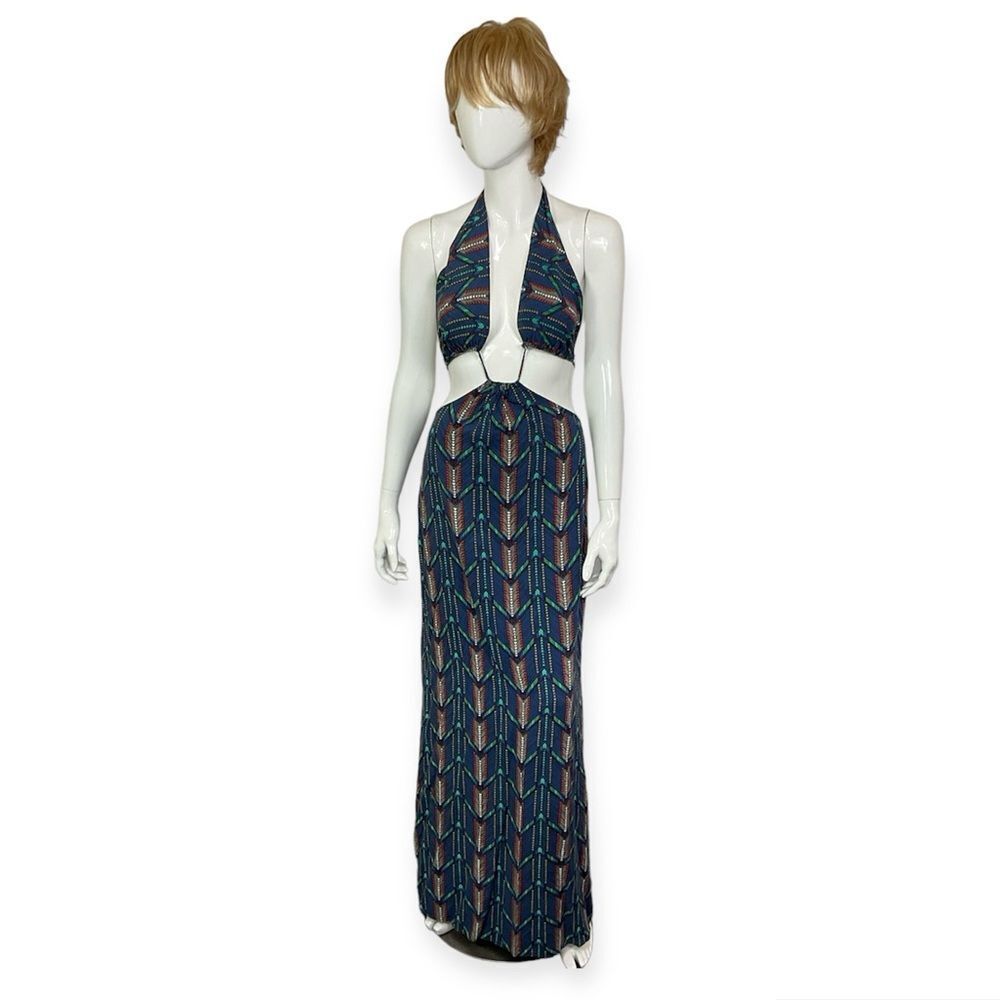 Solemio Los Angeles Tribal Print Blue Green Cutout Boho Maxi Dress S